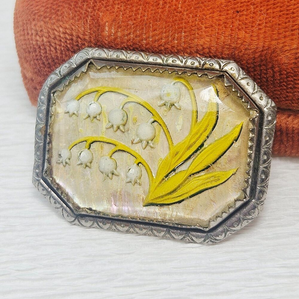 Antique Nouveau Brooch Rhodium Plate Reverse Painted Lily Valley Goofus Glass